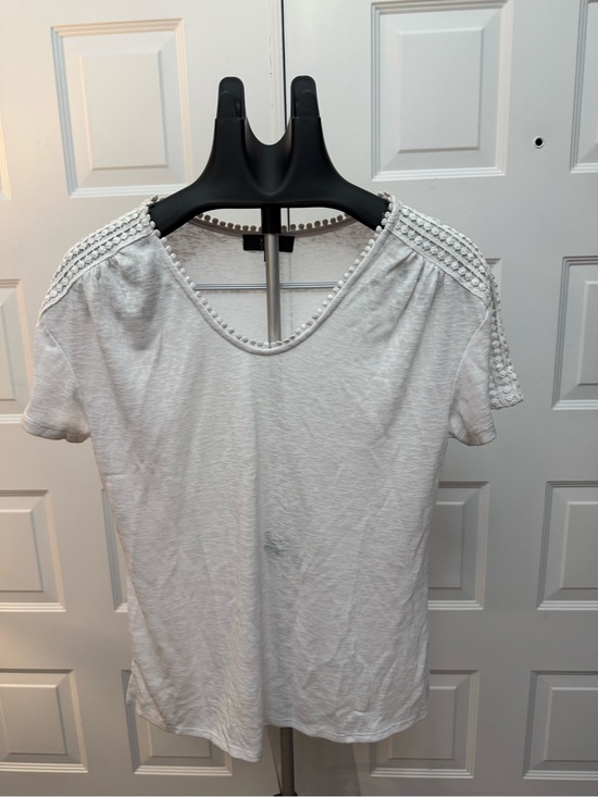 Modern Canvas Tops - Women’s White Short Sleeve Tee with Crochet Pom-Trim Accents